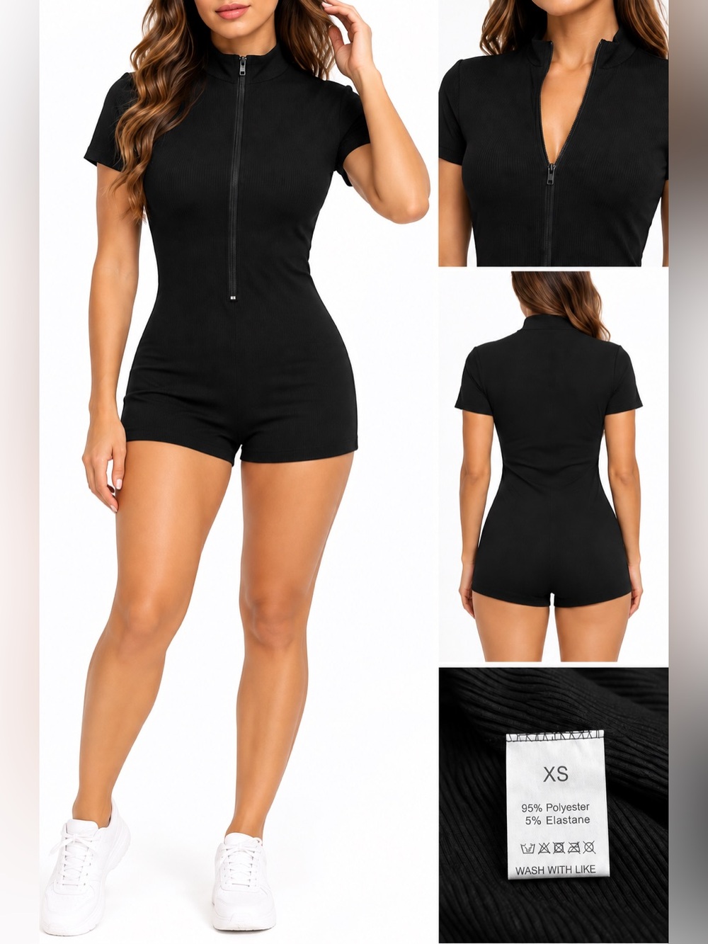 SDNGED Black Ribbed Zip Up Mock Neck Romper XS